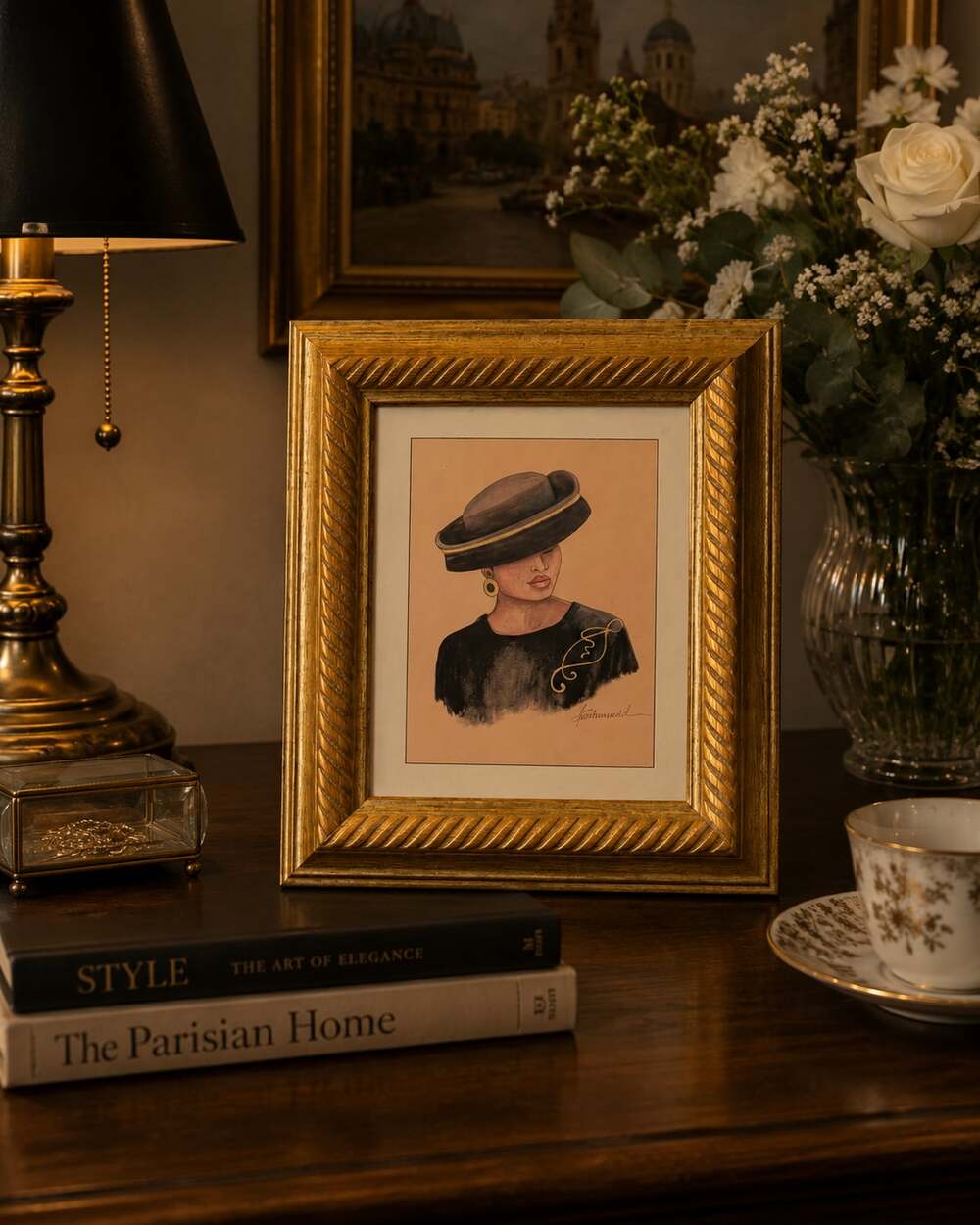 Muhammad Signed Original Portrait Illustration of Elegant Woman in Hat